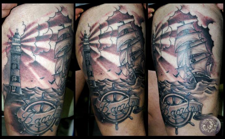 Realistic Lighthouse Rudder Thigh Tattoo by Medusa Tattoo