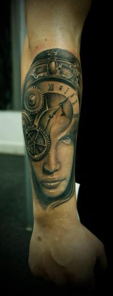 Arm Fantasy Clock Women Tattoo by 2nd Face