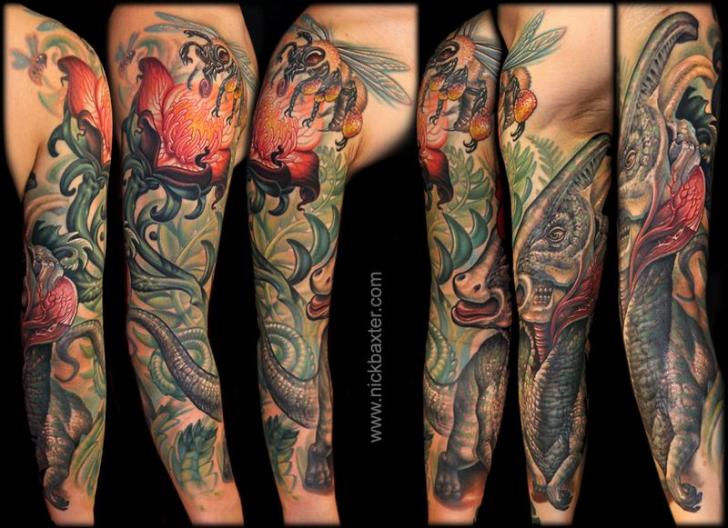 Flower Dinosaur Sleeve Tattoo By Nick Baxter.