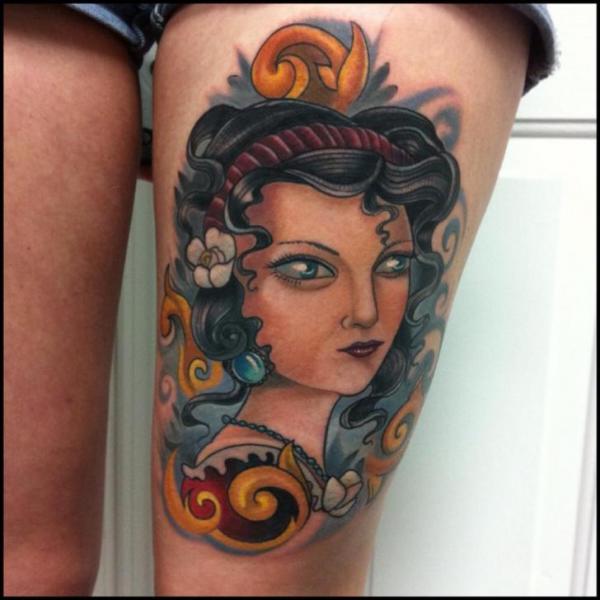 Women Thigh Tattoo by Vince Villalvazo