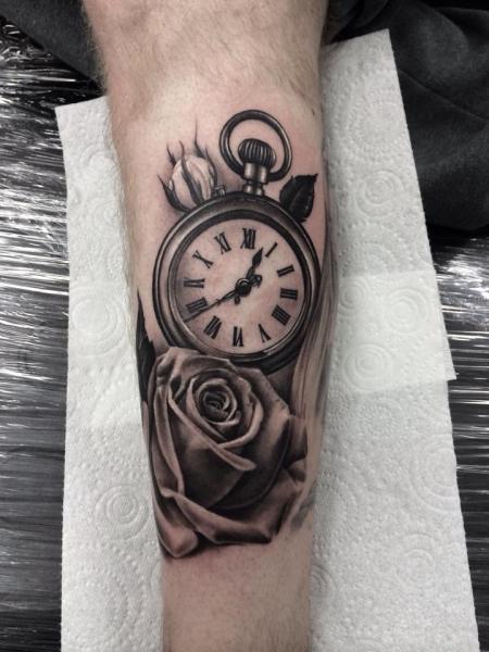 Arm Realistic Clock Flower Tattoo by Pete the Thief