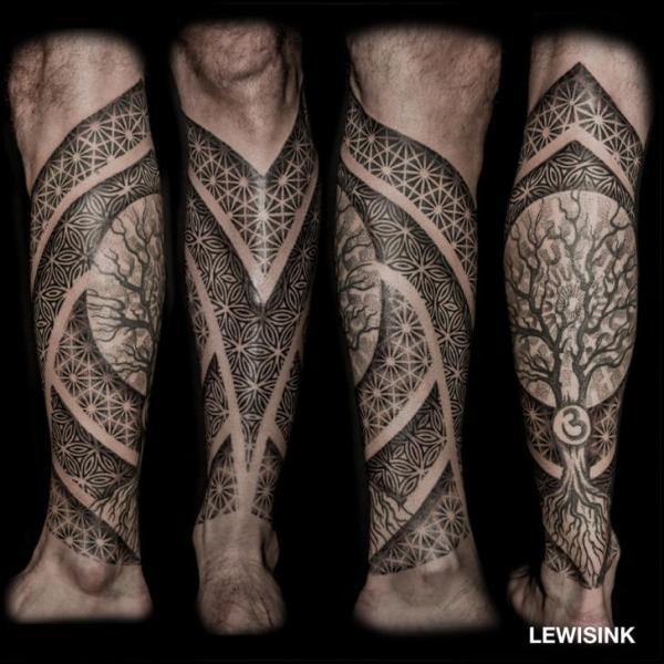 Calf Dotwork Tree Tattoo by Lewis Ink