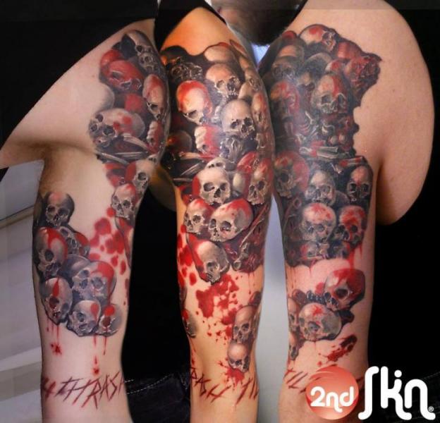 Shoulder Skull Blood Tattoo by 2nd Skin