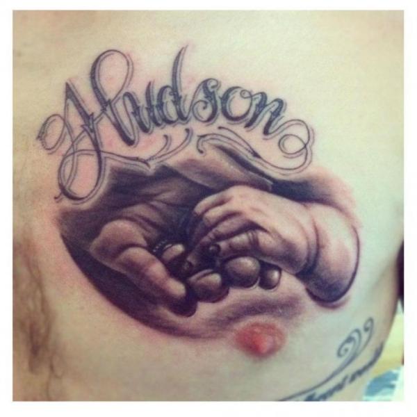 Chest Lettering Hand Tattoo by Dragstrip Tattoos
