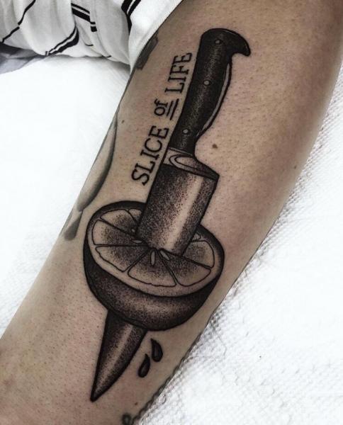 Arm Dotwork Orange Knife Tattoo by Adrenaline Vancity