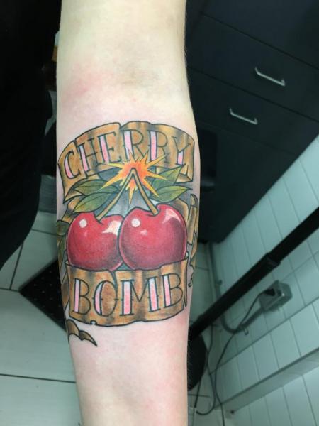Arm Lettering Cherry Tattoo by Adrenaline Vancity