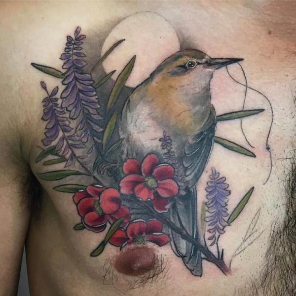 Chest Flower Bird Tattoo by Adrenaline Vancity