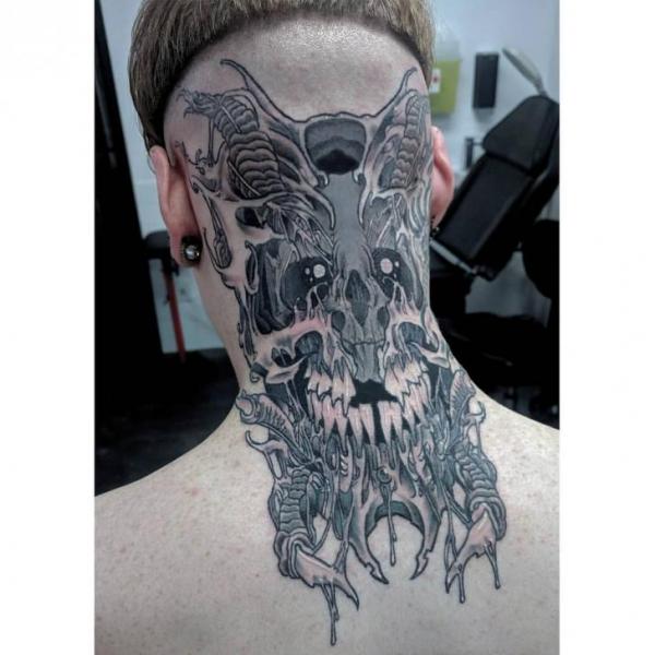 Skull Back Head Neck Tattoo by Adrenaline Vancity
