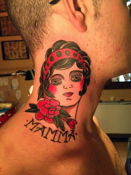 Old School Women Neck Tattoo by Adrenaline Vancity