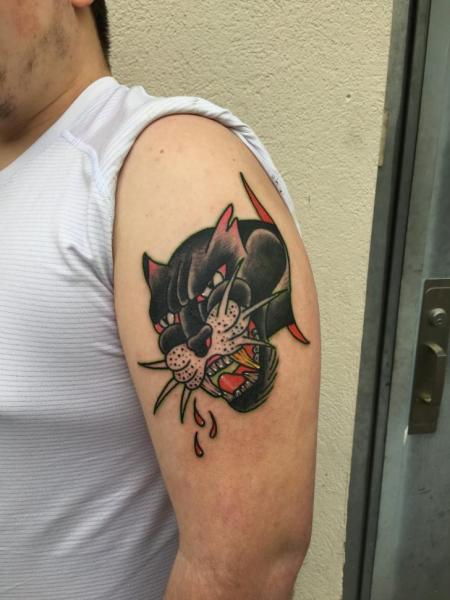 Shoulder Old School Panther Tattoo by Adrenaline Vancity