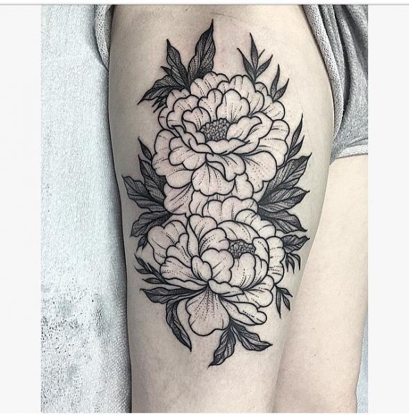 Flower Dotwork Thigh Tattoo by Adrenaline Vancity