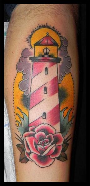 New School Lighthouse Leg Tattoo by Hammersmith Tattoo