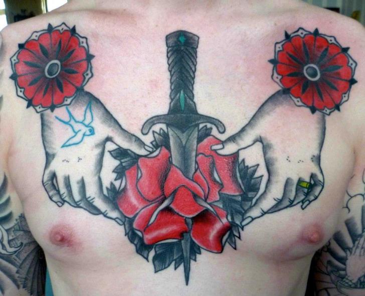 Chest Old School Flower Hands Dagger Tattoo by Hell To Pay Tattoo