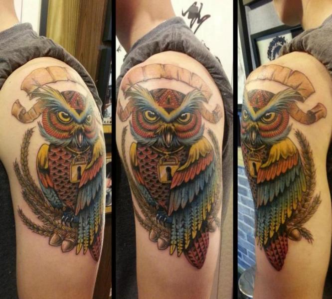 Shoulder New School Owl Tattoo by Orient Soul