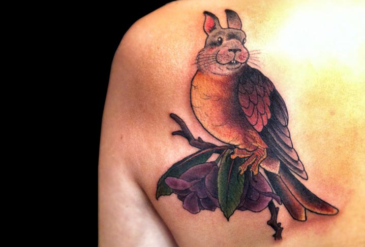 Tatuaje Fantasy Pecho Conejo Pájaro por Artwork Rebels
