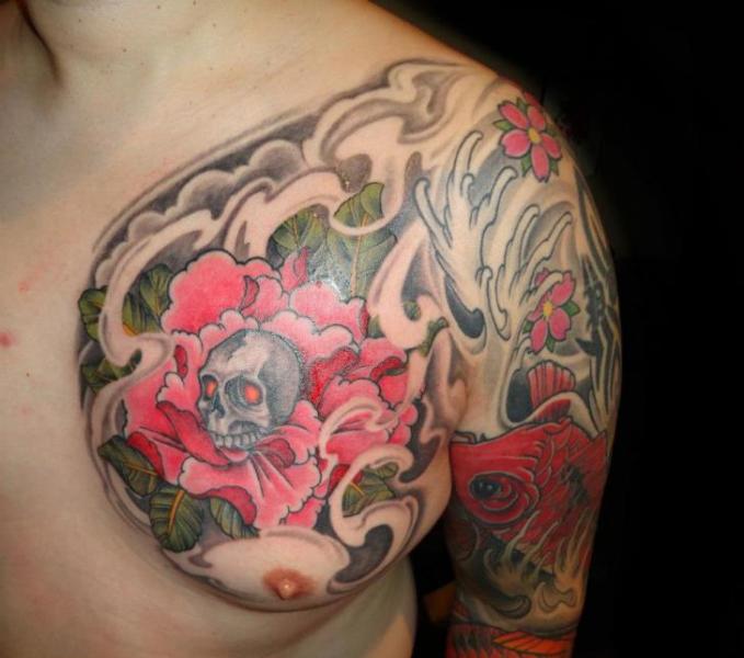 Chest Japanese Skull Tattoo by Burning Monk Tattoo
