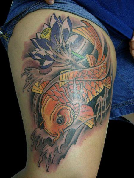Leg Japanese Carp Tattoo by Burning Monk Tattoo