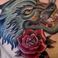 Chest Old School Flower Wolf tattoo by Black 13 Tattoo