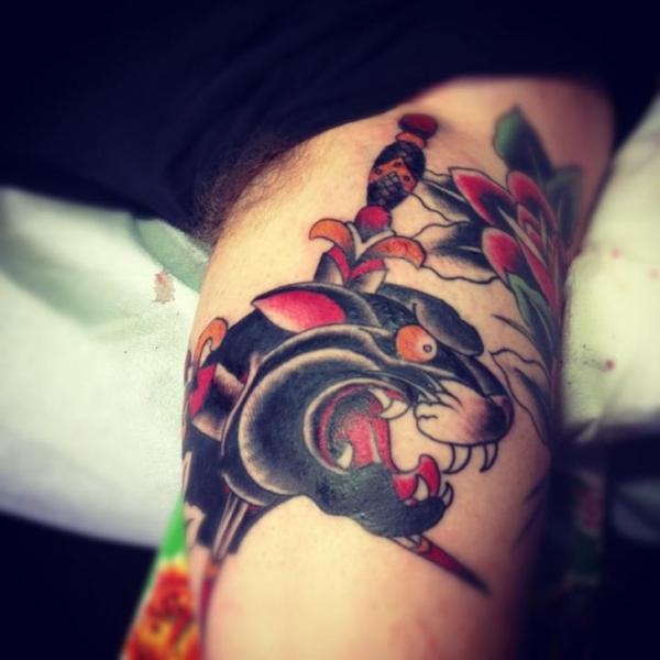 Arm Old School Dagger Panther Tattoo by Black Cat Tattoos