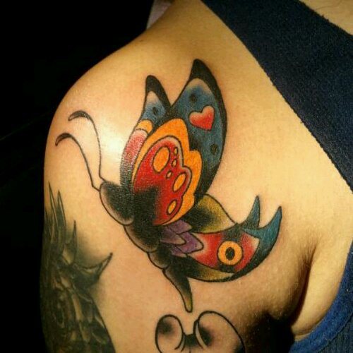 Shoulder New School Butterfly Tattoo by Bobby Rotten