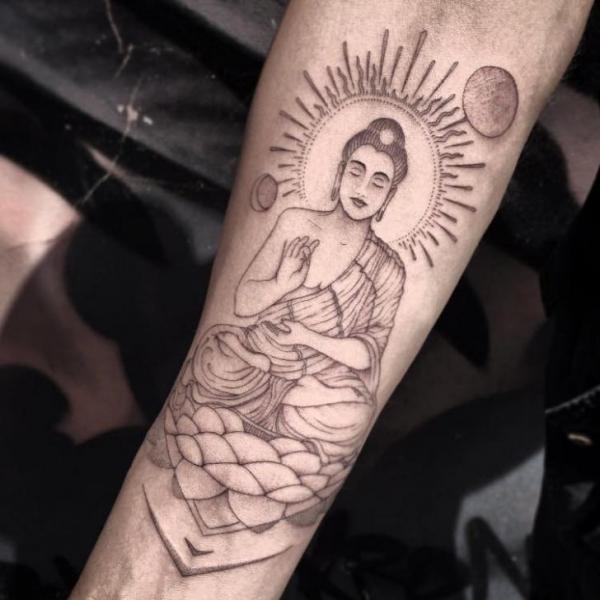 Arm Buddha Religious Dotwork Tattoo by Bloody Blue Tattoo