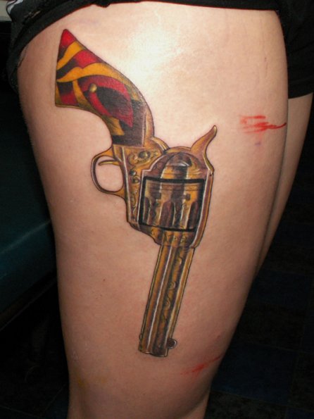 Realistic Leg Gun Tattoo by Bloody Blue Tattoo