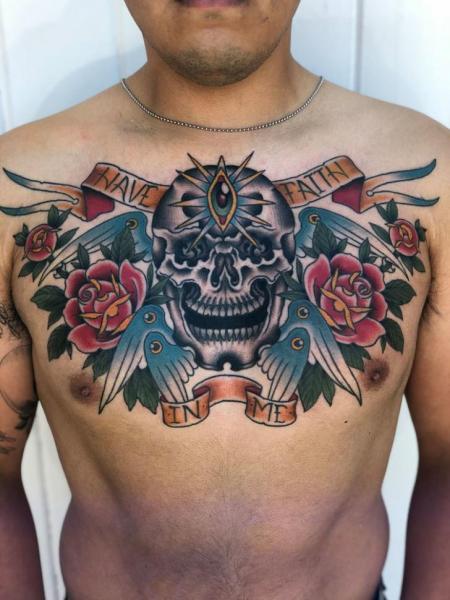 Chest Skull Wings Leaves Roses Tattoo by Full Circle Tattoos