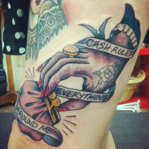 Old School Leg Hand Tattoo by Graceland Tattoo