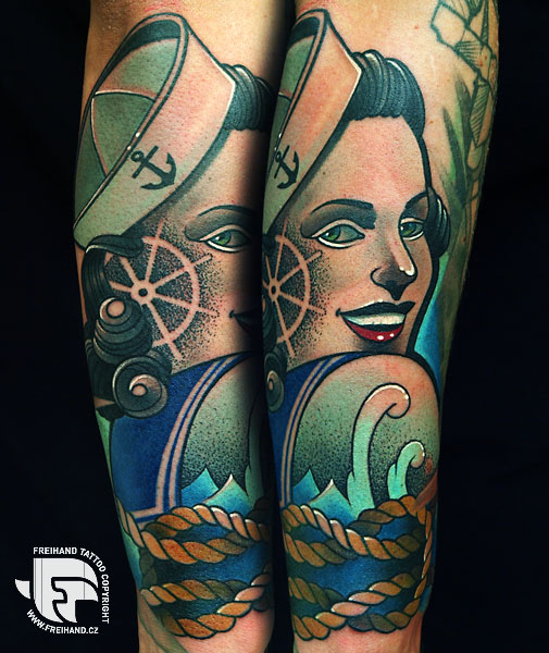 Arm New School Mariner Woman Tattoo by FreiHand Tattoo