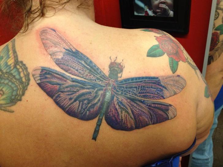Realistic Back Dragonfly Tattoo by Hidden Hand Tattoo