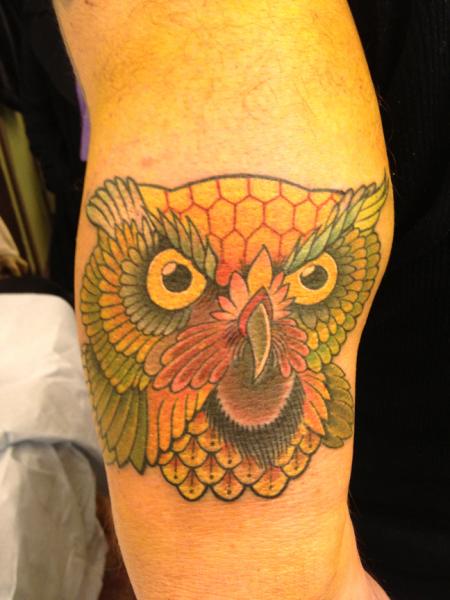 Arm New School Owl Tattoo by High Street Tattoo