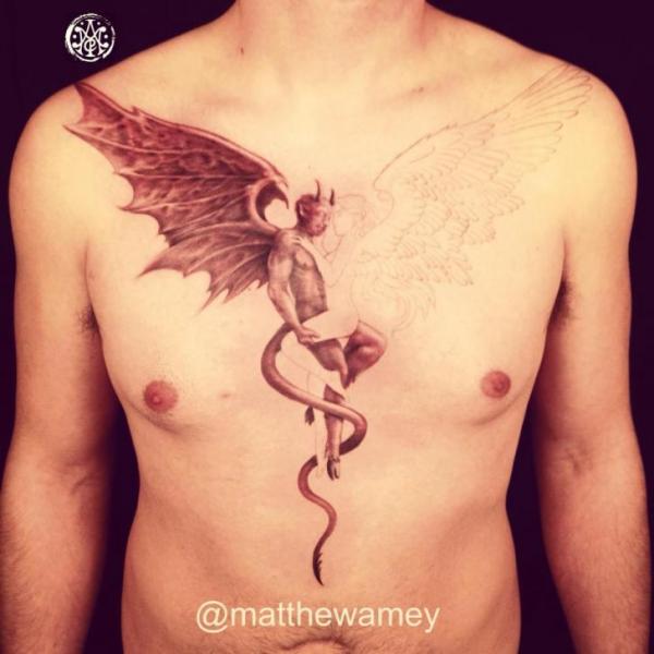 Chest Angel Devil Tattoo by Indipendent Tattoo