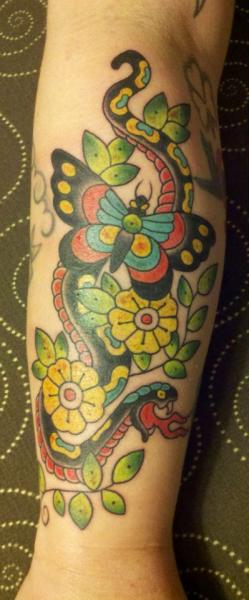 New School Snake Butterfly Tattoo by Indipendent Tattoo