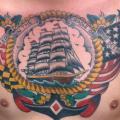 Brust Old School Anker Galeone Usa Flagge tattoo von Indipendent Tattoo