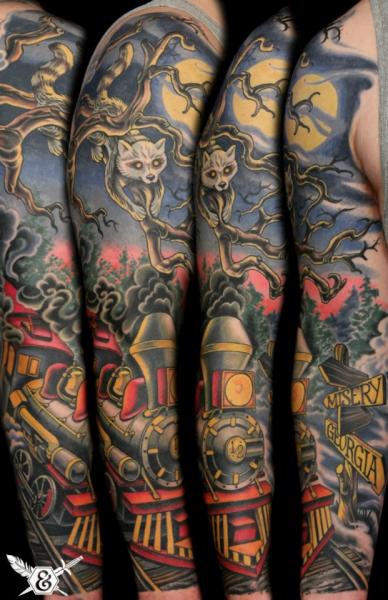 Tatuaggio Braccio Fantasy Treno Paesaggio di Ink and Dagger Tattoo