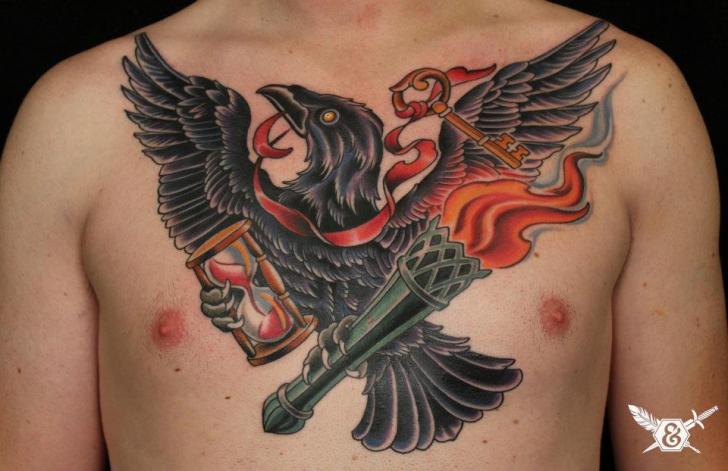 Chest Clepsydra Crow Flame Tattoo by Ink and Dagger Tattoo