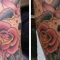 Old School Flower Sparrow tattoo by Inkd Chronicles
