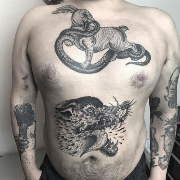Chest Wolf Belly Rabbit Tattoo by Invisible Nyc