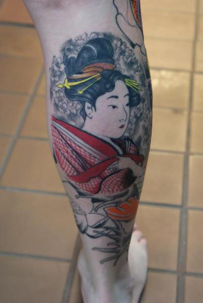 Calf Japanese Geisha Tattoo by Iron Age Tattoo