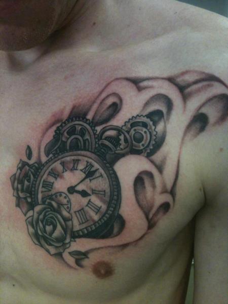 Shoulder Clock Tattoo by Lucky Draw Tattoos