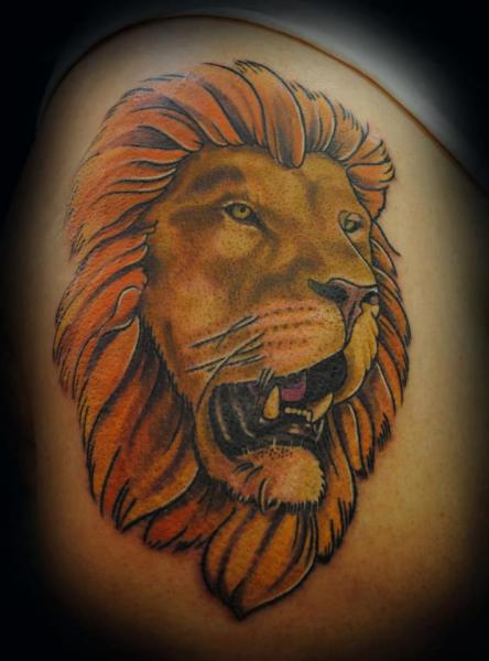 Shoulder Lion Tattoo by Lucky Draw Tattoos