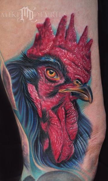 Realistic Leg Rooster Tattoo by Mike DeVries Tattoos