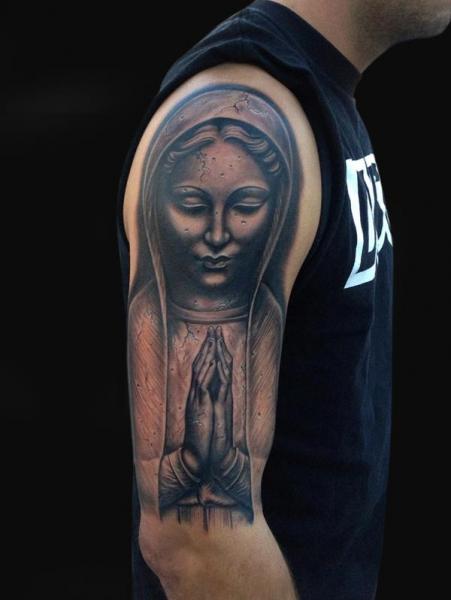Shoulder Praying Hands Tattoo by Mike DeVries Tattoos