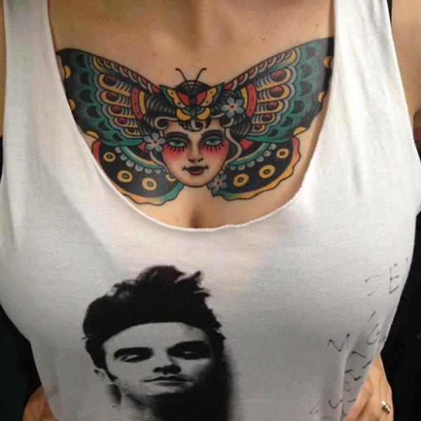 Old School Butterfly Gypsy Breast Tattoo by NY Adorned