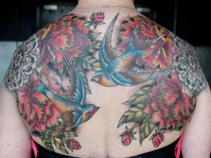 New School Swallow Flower Back Tattoo by Pain and Wonder