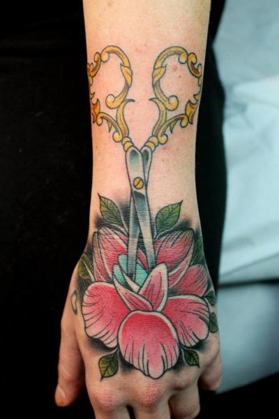 Old School Scissor Flower Hand Tattoo by Pain and Wonder