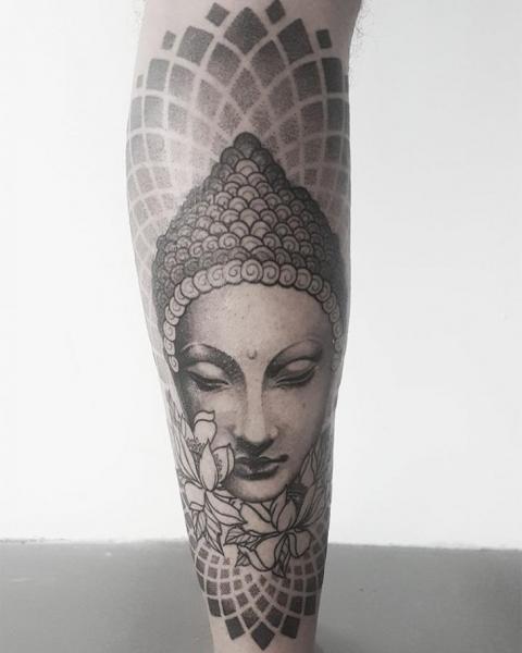 Calf Buddha Religious Dotwork Tattoo by Golem Tattoo