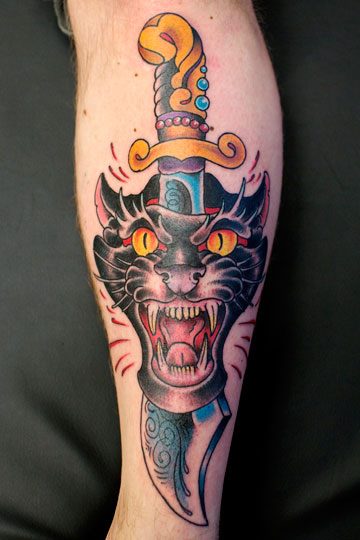 Arm Old School Dagger Panther Tattoo by Salvation Gallery