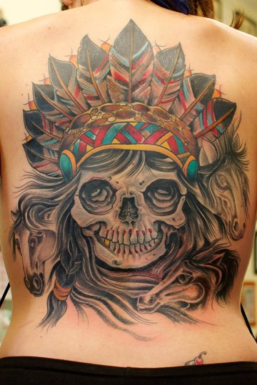 Skull Back Indian Horse Tattoo by Salvation Gallery