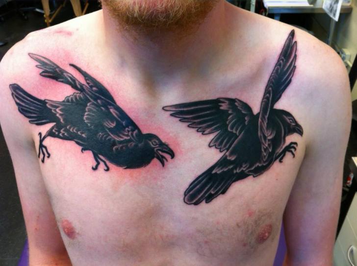 Old School Crow Breast Tattoo by Salvation Gallery